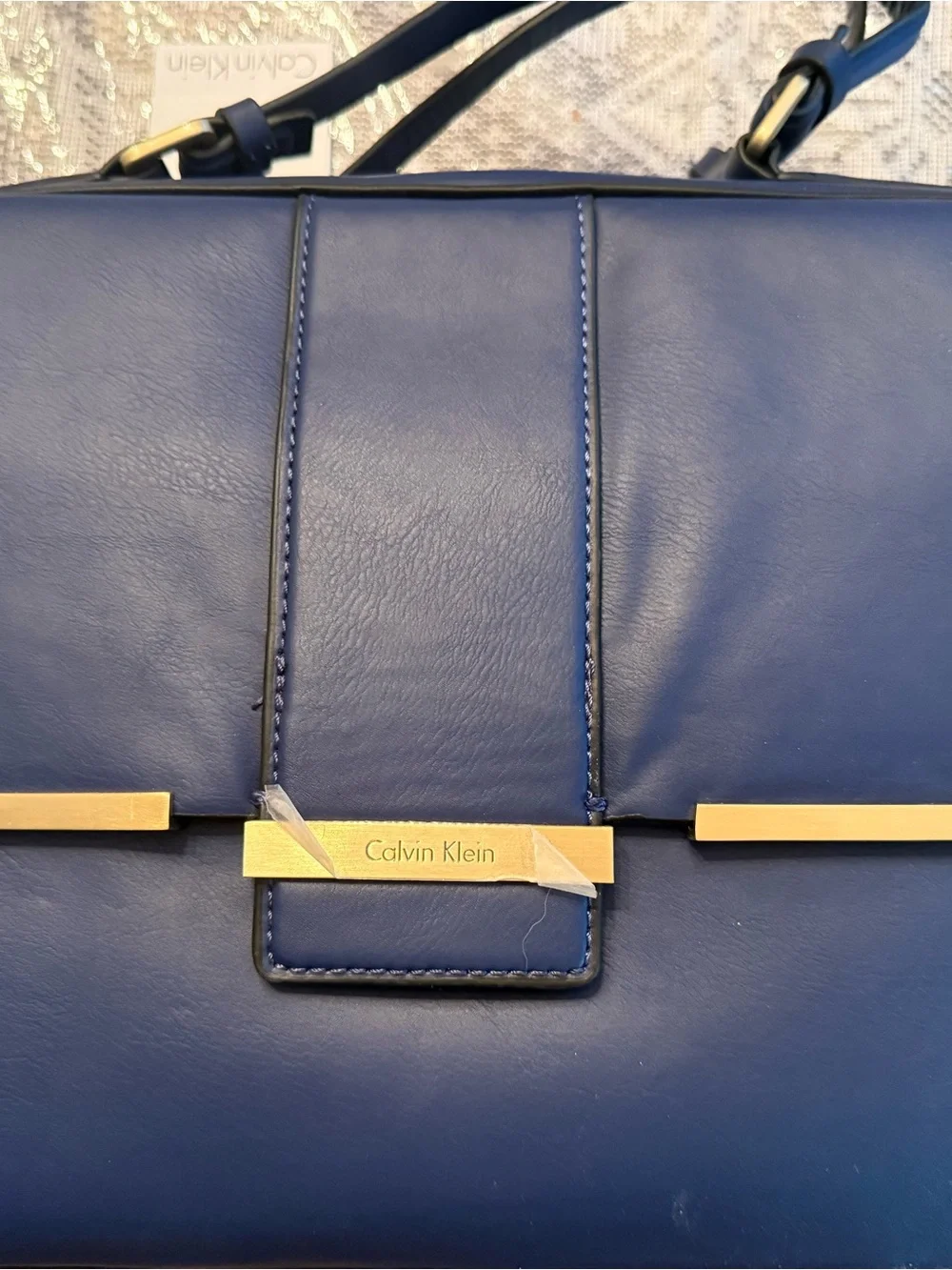 Calvin Klein Cobalt Blue Leather Top-Handle Satchel with Gold Hardware